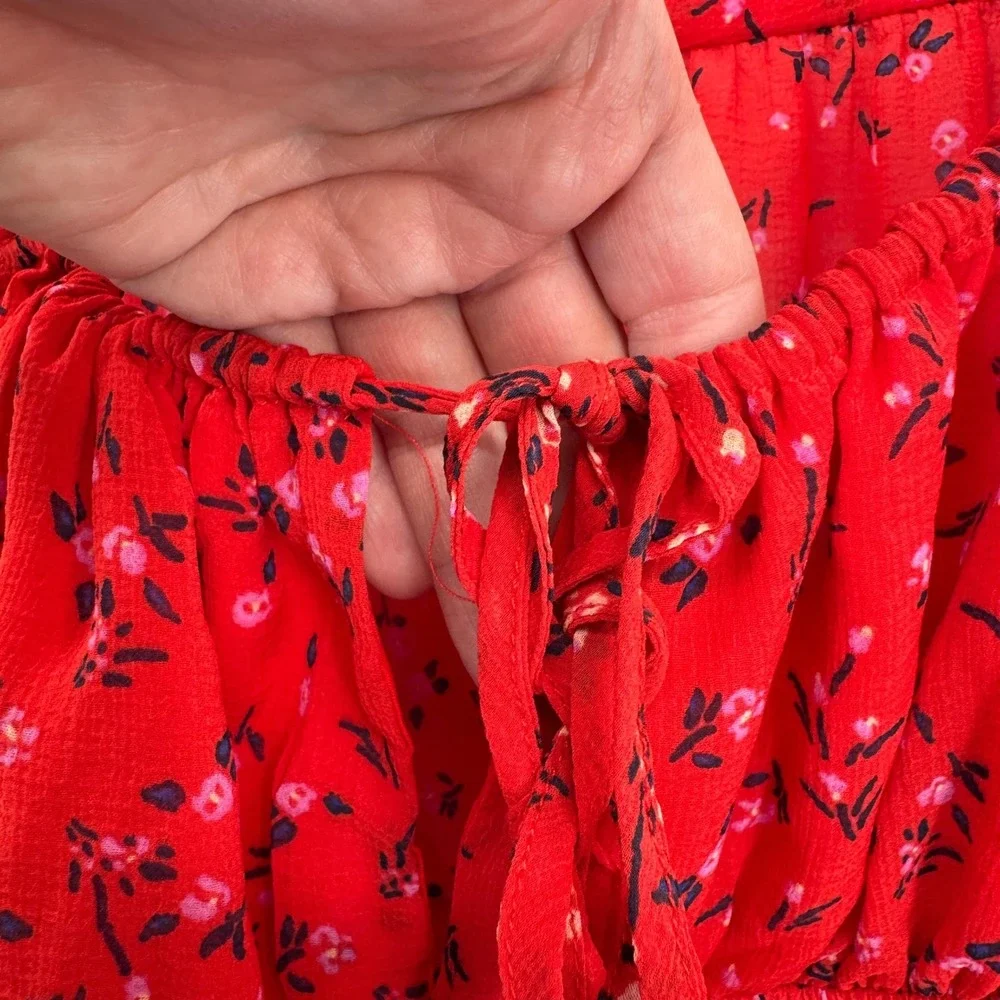Free People Red Floral Smocked‎ Crop Top Long Sleeve Country Boho Blouse Medium